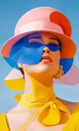 an advertisement for a fashion brand, with a woman in a large hat and sunglasses