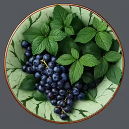 a green plate has blue grapes and leaves on it