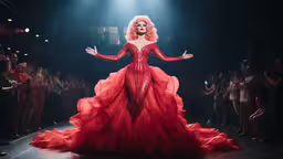 drag queen in red gown on catwalk with audience at night,a lady is standing with her arms open