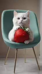 a cat is sitting on top of a small chair holding a strawberry