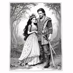 a drawing of a man in medieval attire with a woman wearing a white dress