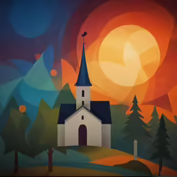 a painting of a church that is on display