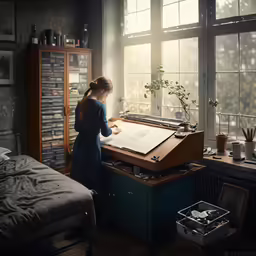 a woman is writing at a desk beside a window