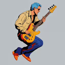 a man in the air with an electric guitar,a man jumps with an electric guitar