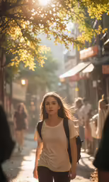 a young woman is walking in the city