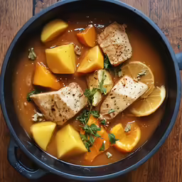 fish and oranges in a gravy in a pot