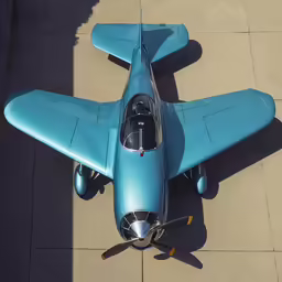 the small blue airplane is parked in a stationary position