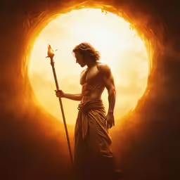 a young man with his hair pulled back holding a staff in front of a sun