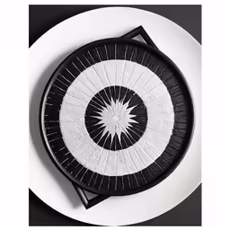 a black and white plate with an abstract design