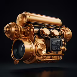 a shiny gold camera is shown against a black background