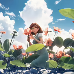 a girl standing in flowers that are red