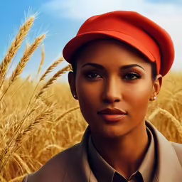 a woman in a field of wheat, wearing a red beret