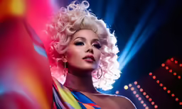 a woman wearing an unusual and colorful outfit on stage