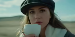 a woman in a hat, sweater and coat holding a cup