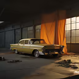 a yellow classic car sits in an abandoned garage,an old fashion car is sitting in front of the window