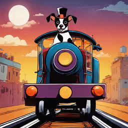 the dog is riding on the train in the city,cartoon image of a dog sitting on the top of a train