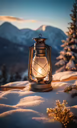 a small lit lantern on top of snow covered ground