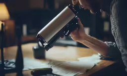 a man looking through a telescope at something on a table