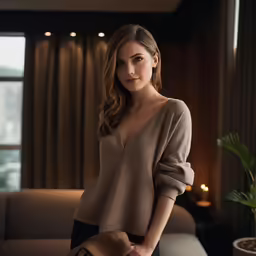 a woman is standing by a living room window