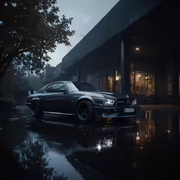a black car parked in front of a building