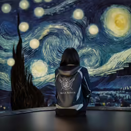 the young girl in the backpack is looking out at the starry night sky