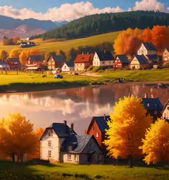 a village that is surrounded by water and trees with yellow leaves,a beautiful valley and small village surrounded by water and grass