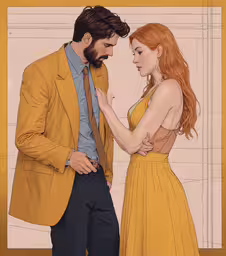 an image of a man and woman holding hands,a woman in a dress standing next to a man with red hair