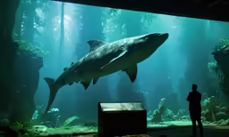 an image of a man looking at a shark swimming in the ocean