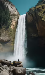 a man sitting at the base of a tall waterfall