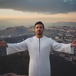 the man in a white jacket is holding his arms out