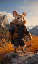 the animated mouse is walking along a rocky hill