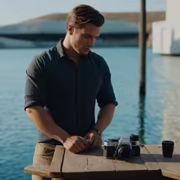 a man standing at a wooden table with his camera