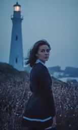 woman wearing coat and standing in field beside light house