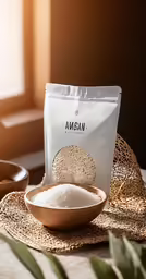 a bag of rice next to a bowl with seeds