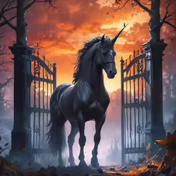 a unicorn standing in front of a gate
