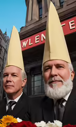 two priests, one with white hair, one in a tux
