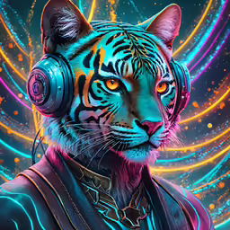 a tiger wearing headphones and a suit
