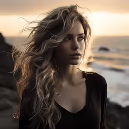 a very pretty young lady by the ocean,a blonde female with a head full of hair