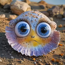 the doll is wearing big eyes with blue irises