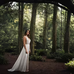 woman in wedding dress posing by trees in forest