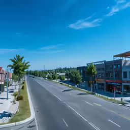 an empty street lined with residential buildings on both sides