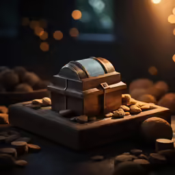 a decorative wooden chest filled with nuts and pebbles