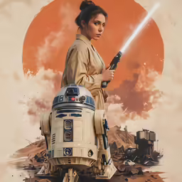 an official star wars character poster with a female droid in the background