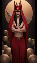 an illustration of a woman in costume with blood on her head and knife