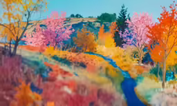 a painting of a colorful mountain with trees on both sides of it