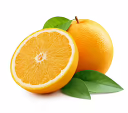oranges sliced with leaves and white background