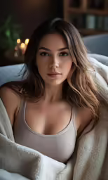 beautiful woman laying in bed wrapped up in blanket