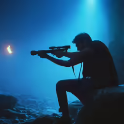 a person sitting on the edge of rocks shooting at a light