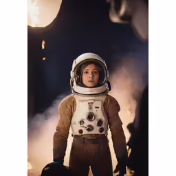 an old photo shows the portrait of a young boy in an space suit