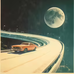 an old car on a curve in the highway